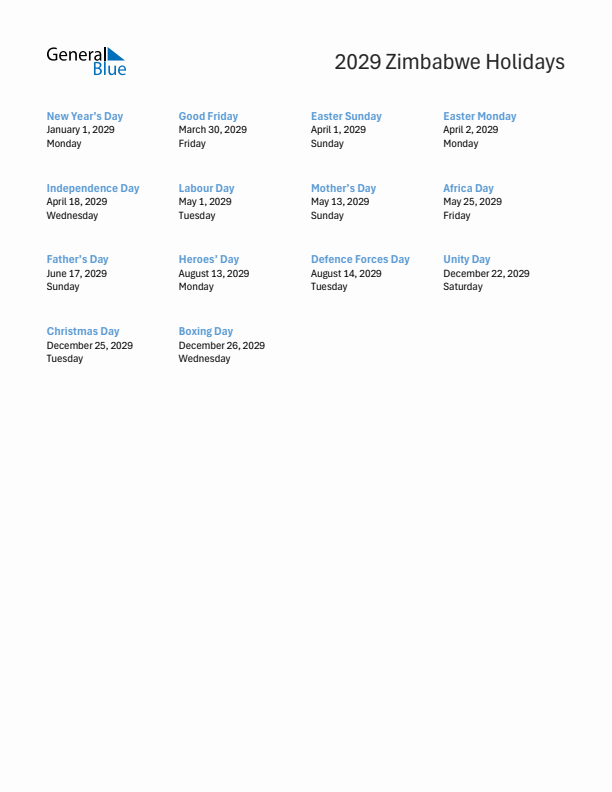 Free printable list of Zimbabwe holidays for year 2029